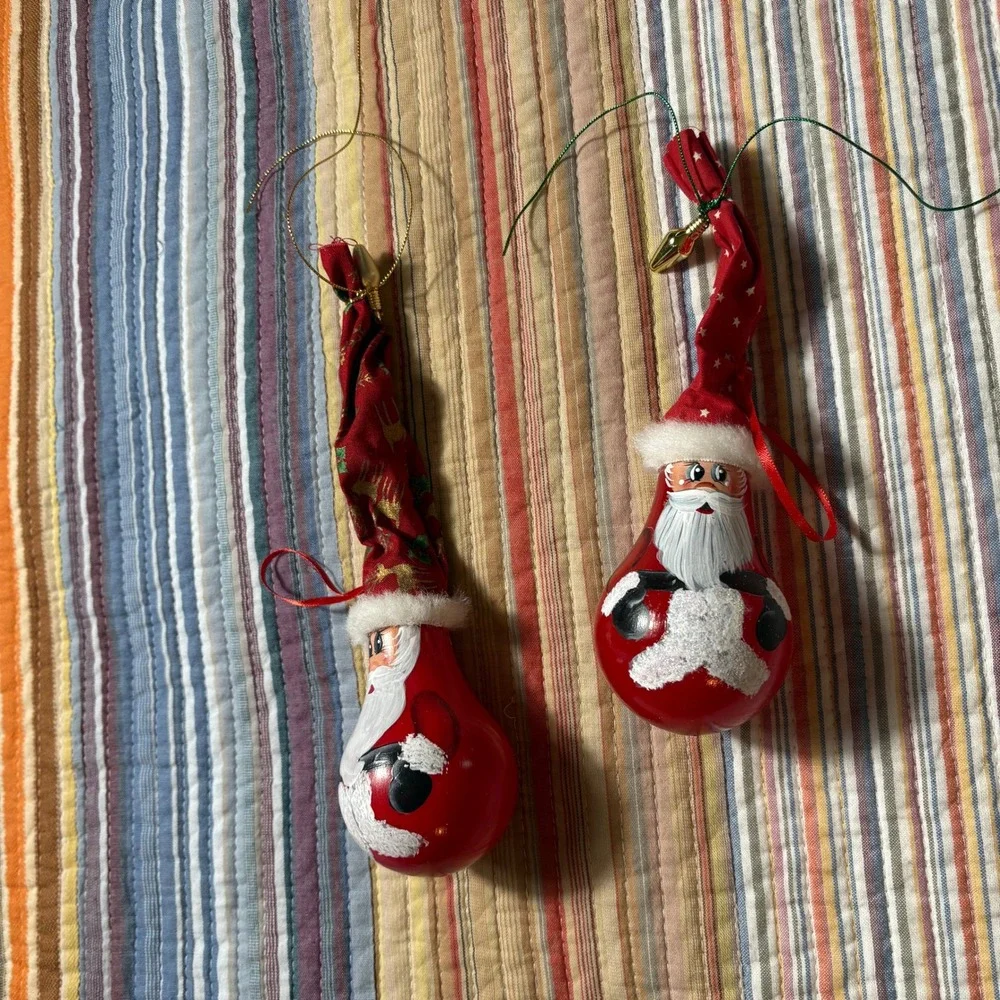 Vintage Hand Painted Light Bulb Santa Ornaments Set of 2 Christmas Folk Art Red